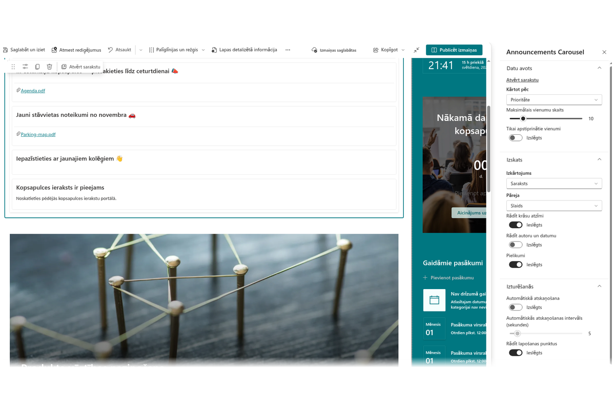 Vitextra Announcements Carousel. Kārtošanas un attēlošanas iestatījumi