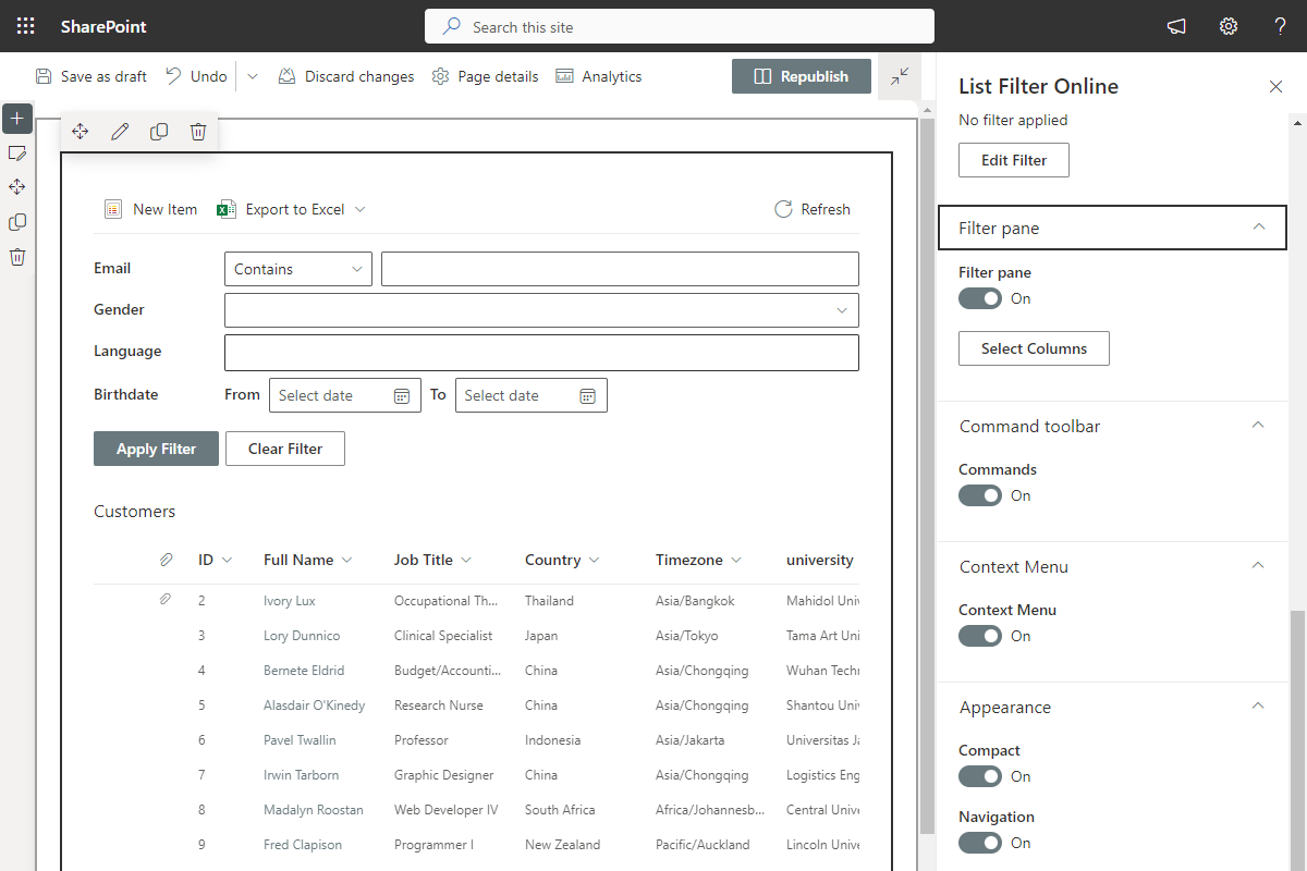 Vitextra List Filter Online. Web Part Configuration Pane