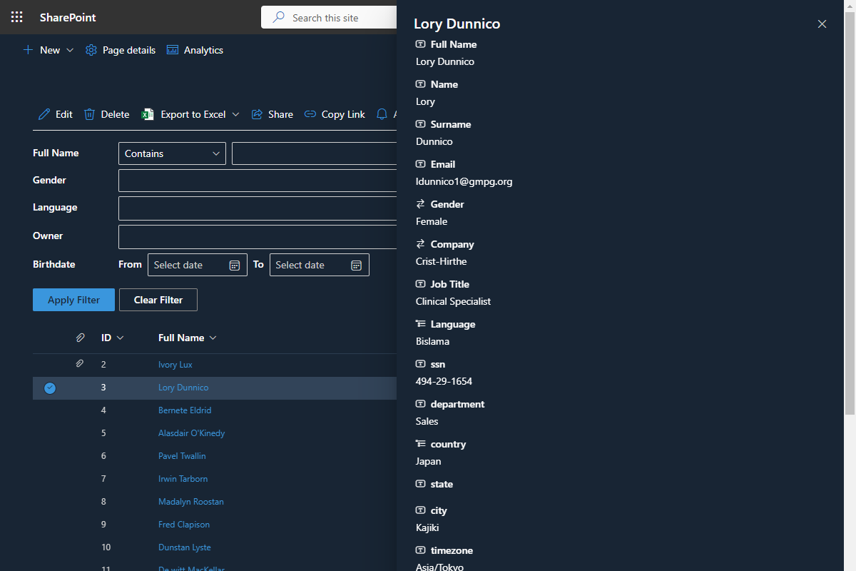 Vitextra List Filter Online. Dark Theme
