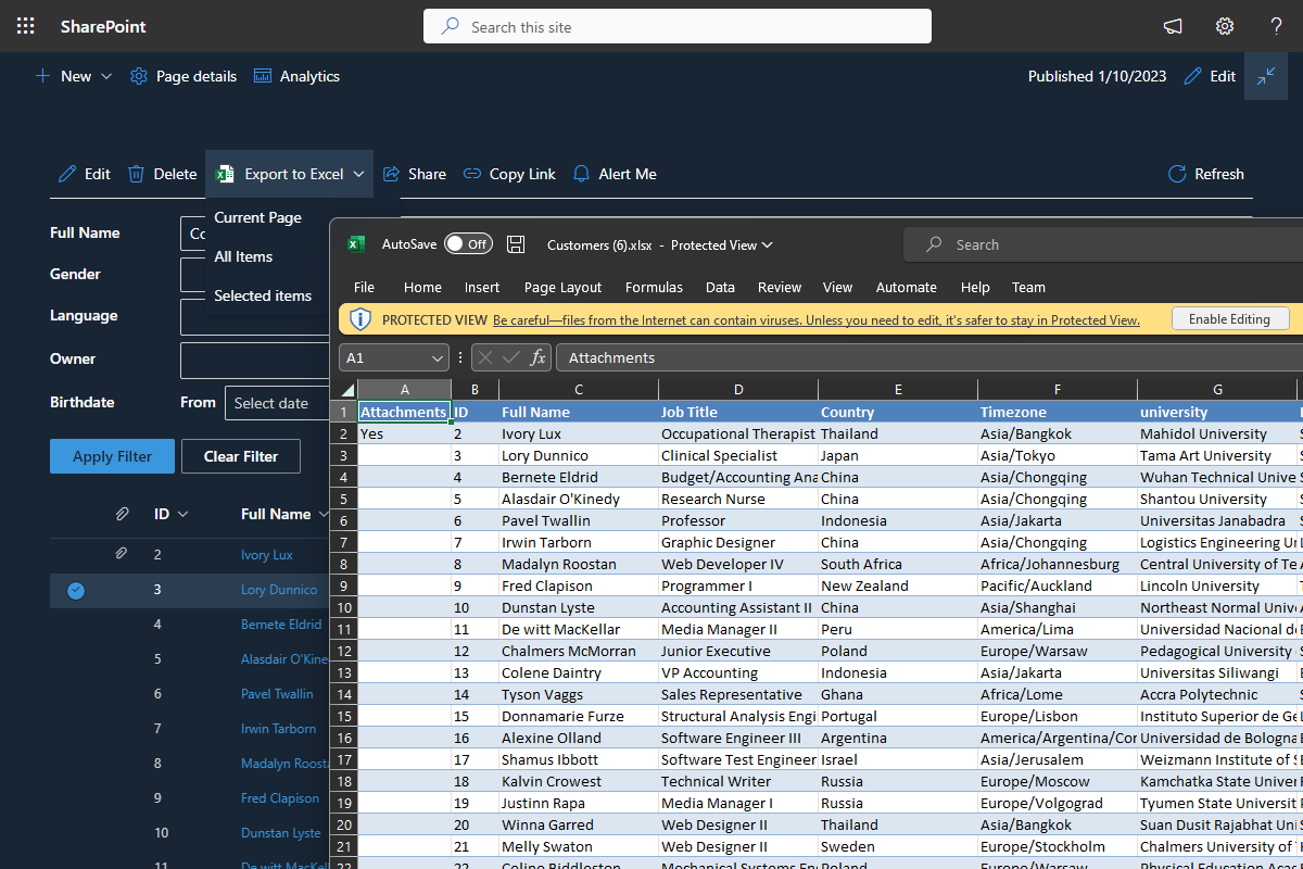 Vitextra List Filter Online. Export Data to Excel
