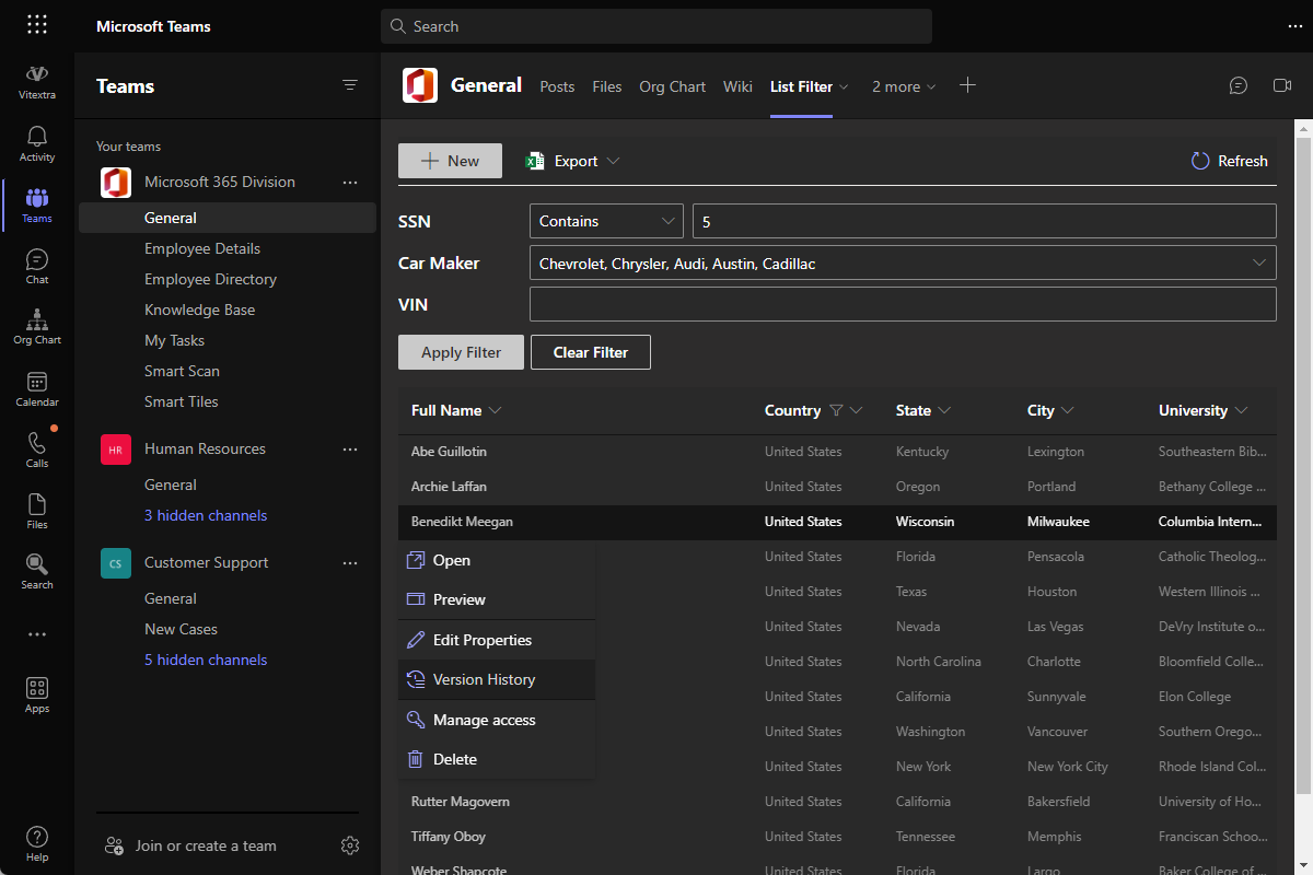 List Filter Online hosted in Microsoft Teams