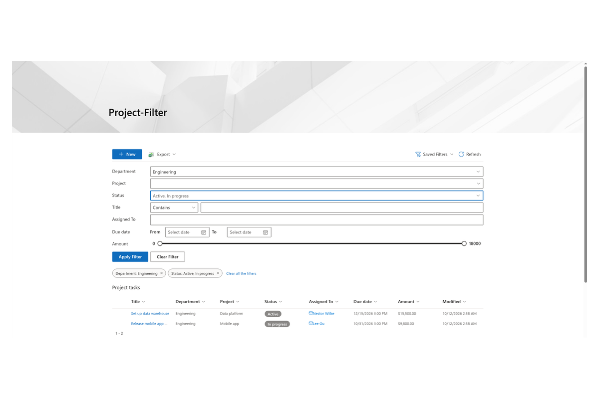 List Filter Online - Filtered list overview with the filter panel