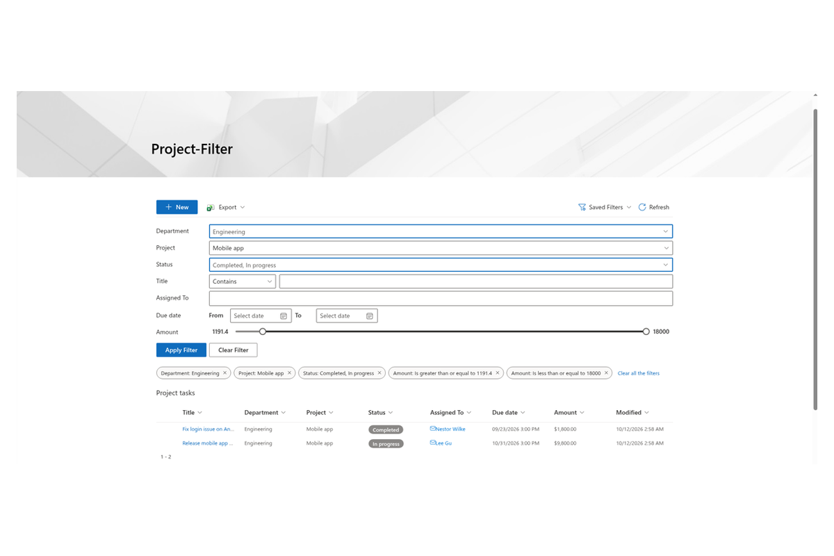 List Filter Online - Active filters applied to the list table