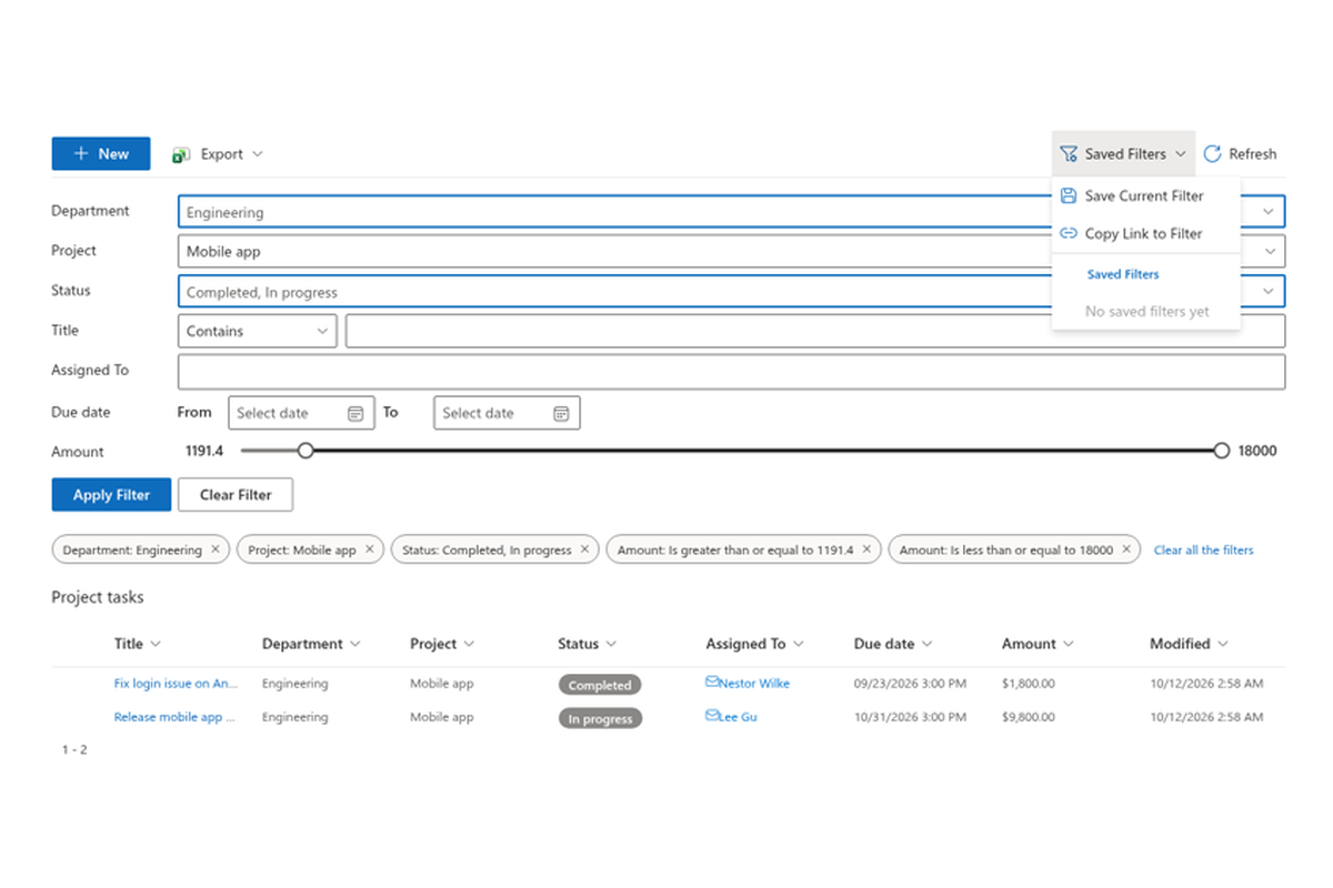 List Filter Online - Item actions / context menu on a row