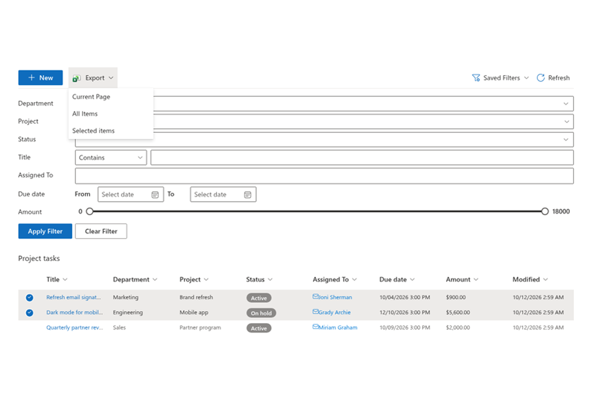 List Filter Online - Export menu with rows selected