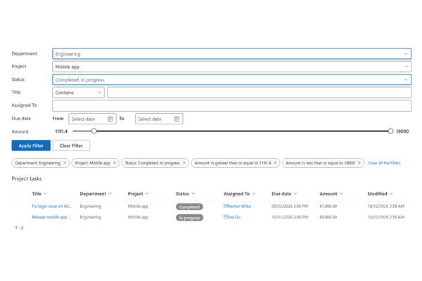 List Filter Online - Close-up of the filter panel