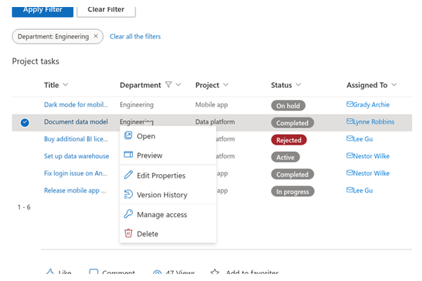 List Filter Online - Close-up of item actions menu