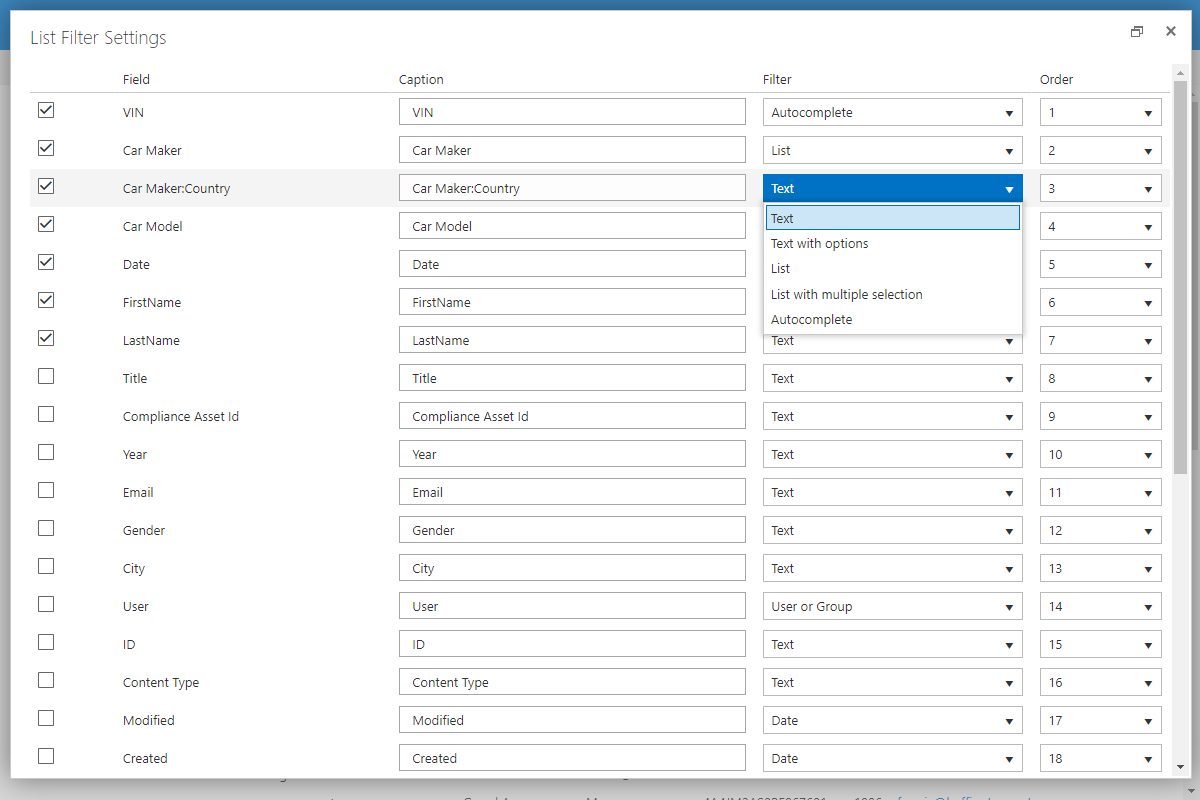 Choose fields and filtering control to build up your filter