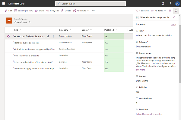 Vitextra Question and Answers. Microsoft Lists Integration