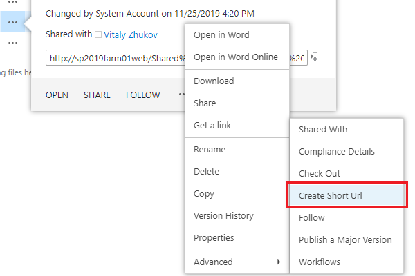 Create Short Url in a single click within item context menu