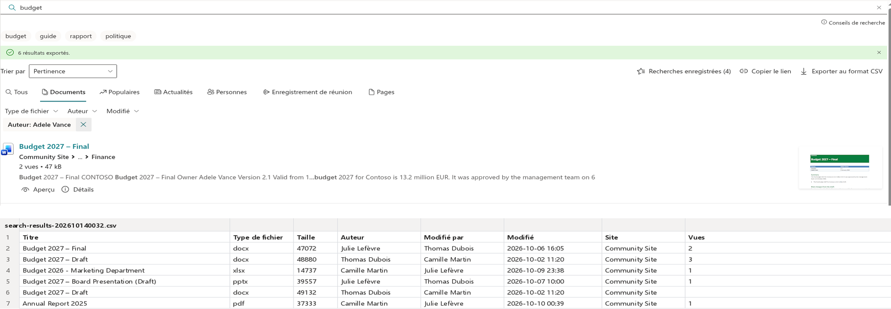 Vitextra Smart Search. Export au format CSV