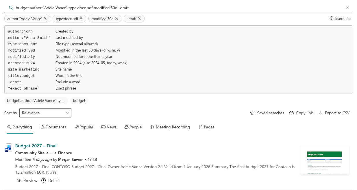 Vitextra Smart Search. Search Operators